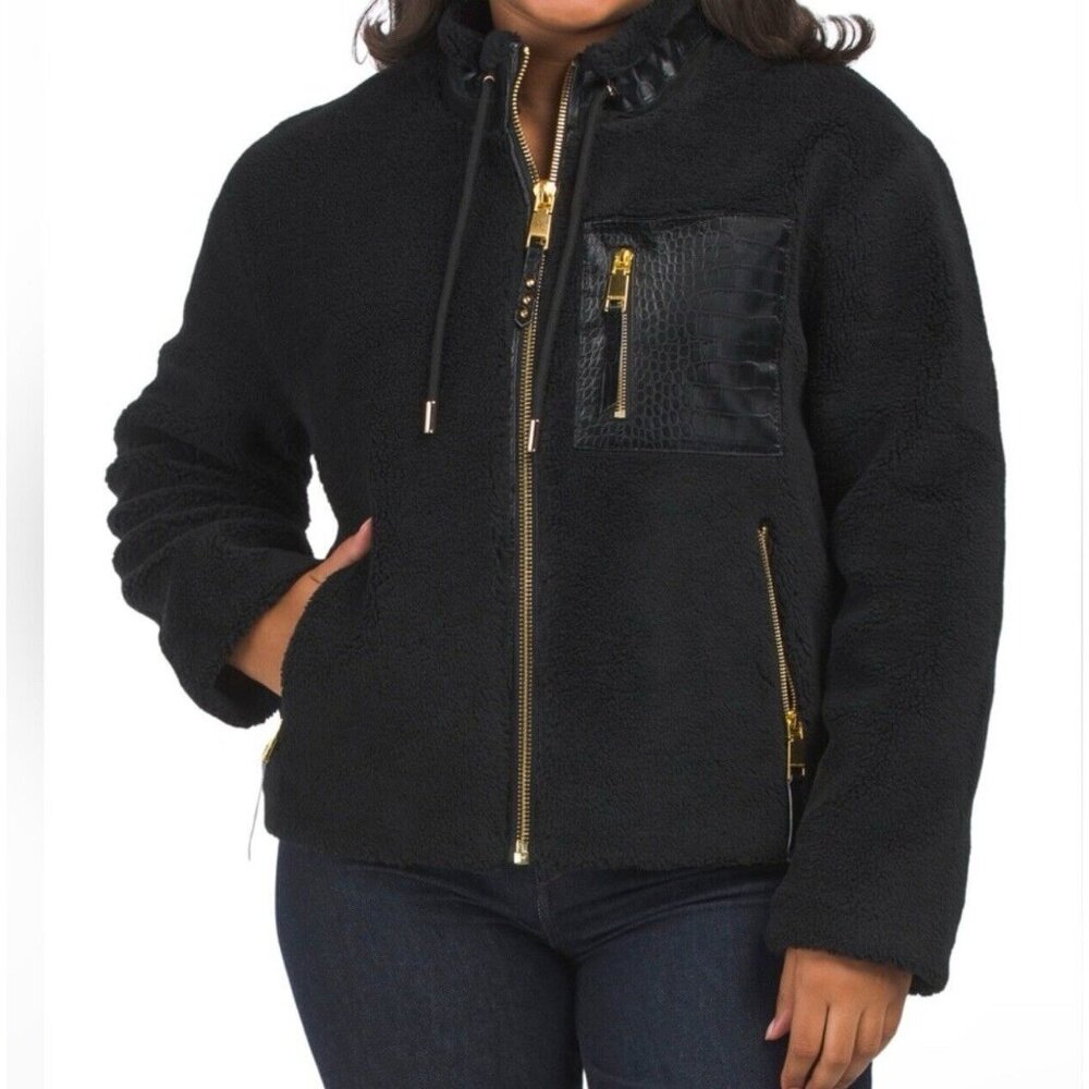 NEW Rebecca Minkoff Women’s Faux Shearling Zip Front Bomber Jacket Sz L Black - Picture 2 of 16
